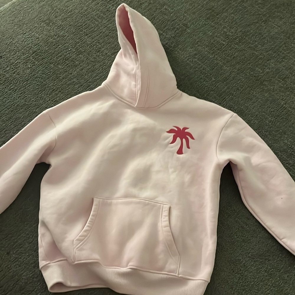 Pink Palm puff hoodie in color light pink